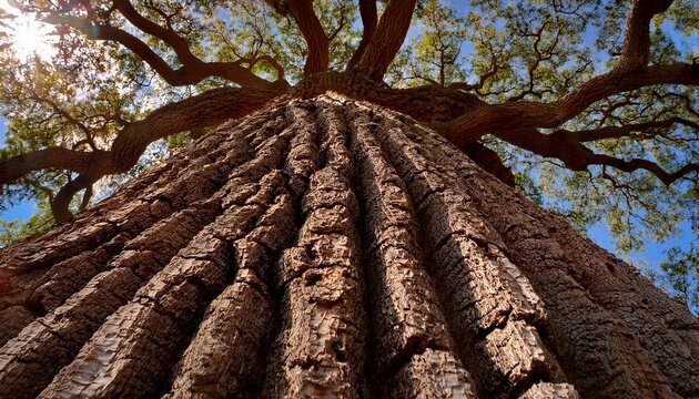 close up of the rugged textured surface of a cork oak bark viewed from the base looking up the tree trunk