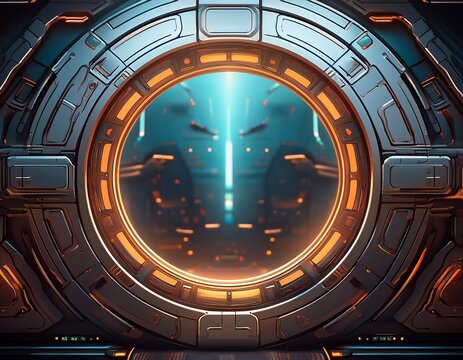 futuristic sci fi spaceship window with a high tech metal frame for a technology background