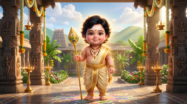 baby murugan god standing between temple pillars holding golden spear with mountain view in distance