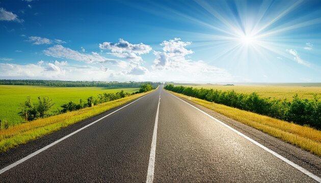sunny road to anywhere single point perspective down a country highway in summer warm day to drive or travel to anywhere