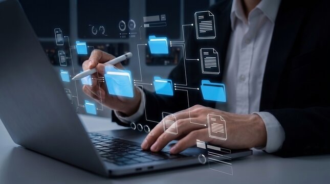 digital document management system for online file organization and business data control. professional workspace featuring virtual folders, document tracking, and cloud-based record management

