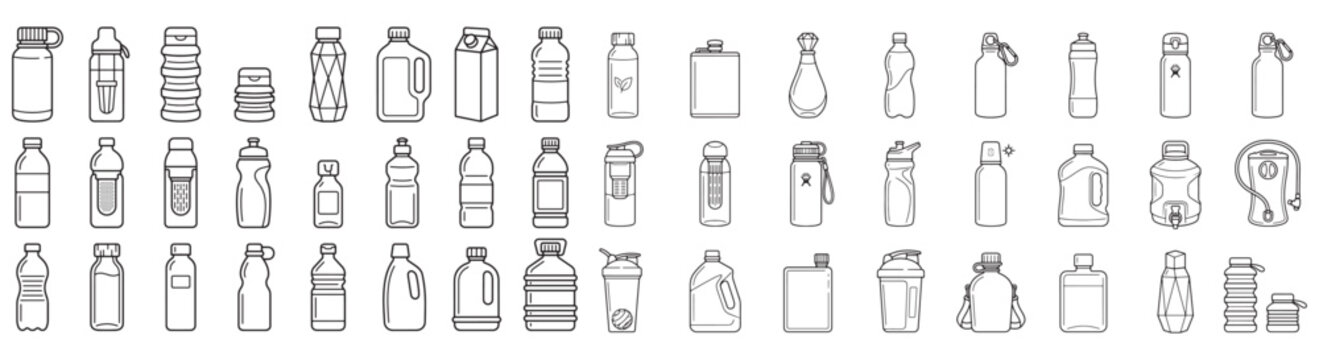Line Art Bottle Icons Set &ndash; Plastic and Reusable Container Outlines for Packaging and Design