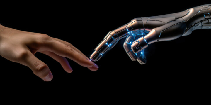 A human finger delicately touches the finger of a robot's metallic finger. Concept of harmonious coexistence of humans and ethical AI technology