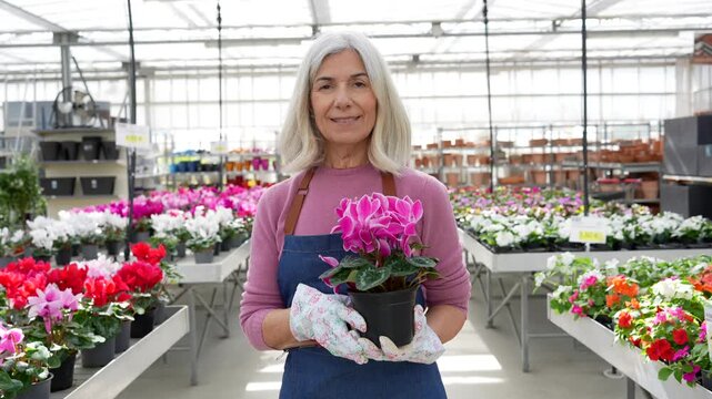 Senior florist holding potted cyclamen flower in a greenhouse