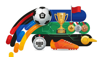 Naklejka premium Dynamic Football Championship Graphic Elements Featuring Trophies and Athletic Equipment for Global Sports Competition