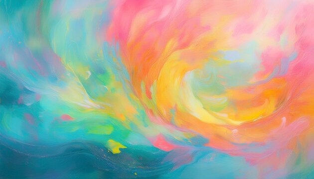 radiant pastel painting bursting with joyful energy abstract swirls of yellow coral pink mint green and sky blue in motion hand painted impressionistic celebration of life