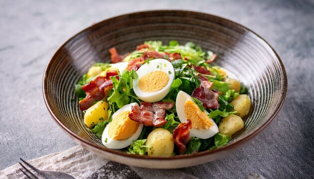 salade composee oeufs lardons et pommes de terre sautees dans une assiette creuse gros plan