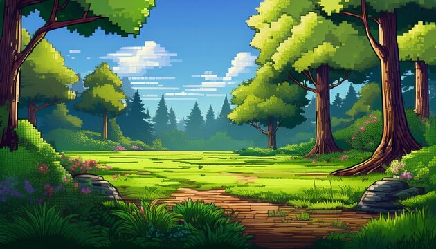 sunny day in a lush green forest clearing pixel art