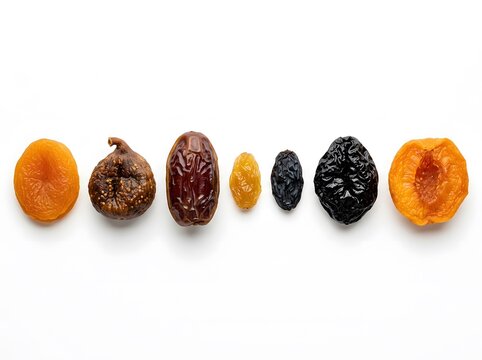 Selection of assorted dried fruits and berries arranged horizontally with vegetarian nutrition vitamins preserved delicious ingredients culinary assortment superfood isolated background