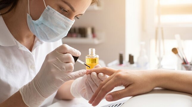 Professional manicurist wearing mask and gloves applies cuticle oil to client's fingernail in a salon setting