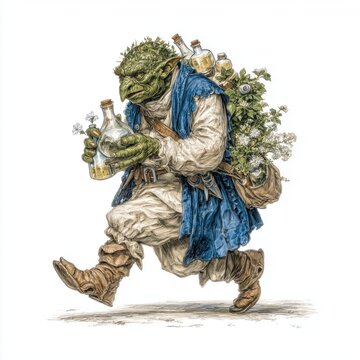 Fantasy portrait of a green goblin alchemist adorned with vials and forest plants in a magical and mysterious woodland setting.