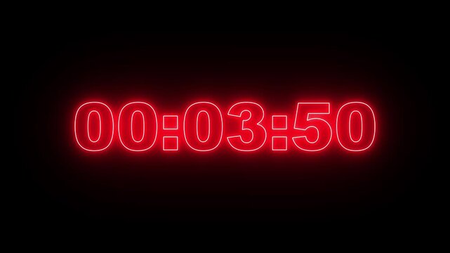Neon 4 minutes countdown animation timer. 4 minute timer countdown animation, countdown timer four minute animation from 240 to 0 countdown four minute countdown timer animation with alpha channel, 4k