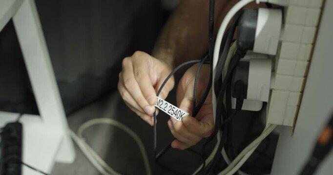 Technician attaching labels to cables for identification and organization during electrical maintenance work.