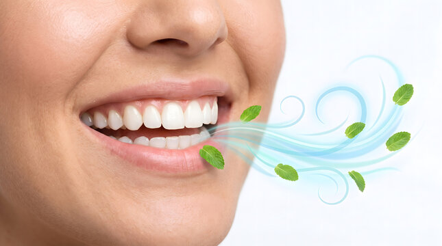 woman smiling showing white teeth with mint leaf fresh breath swirl illustration around mouth area