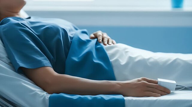 Recovering patient resting comfortably in a hospital bed while wearing a pulse oximeter monitor on their finger to track oxygen levels during their stay at the medical clinic.