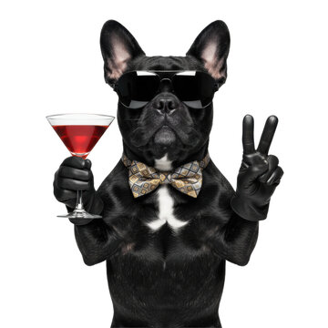 Cool black French Bulldog, anthropomorphic, silk bow tie, aviator sunglasses, balancing red martini, peace sign gesture, transparent background. Humorous party animal swagger concept