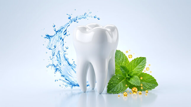white tooth model with splashing water droplet and fresh mint leaf on light blue background