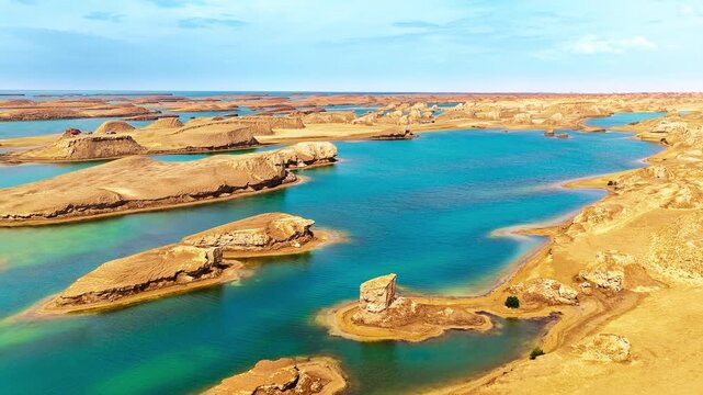 Aerial view of Wusu Tehai water yardang landform with blue lake and golden clay formations in Qinghai, China.
