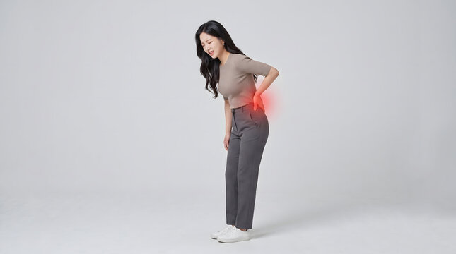 Woman bending forward with lower back pain highlighted in red on plain studio background gently softly
