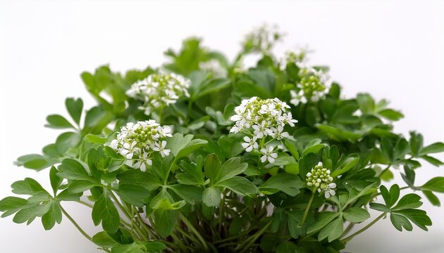 bacopa monnieri brahmi plant with lush green foliage and delicate white flowers on a clean white background