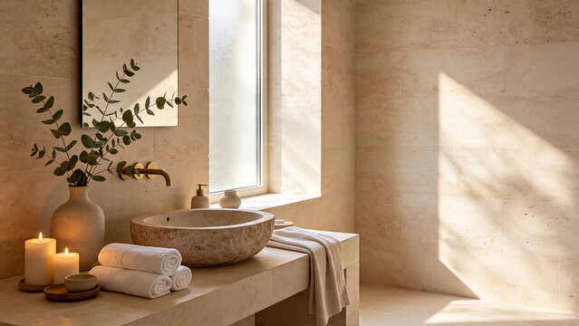 Vasque en pierre naturelle, robinetterie en laiton, bougies et serviettes dans une salle de bain moderne et lumineuse, IA g&eacute;n&eacute;rative