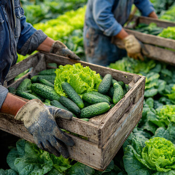 Workers rugged calloused hand worn denim glove carefully cradle weight of massive crate loaded high succulent crisp cucumber amidst vibrant row of verdant lettuce clean professional stock photo sharp