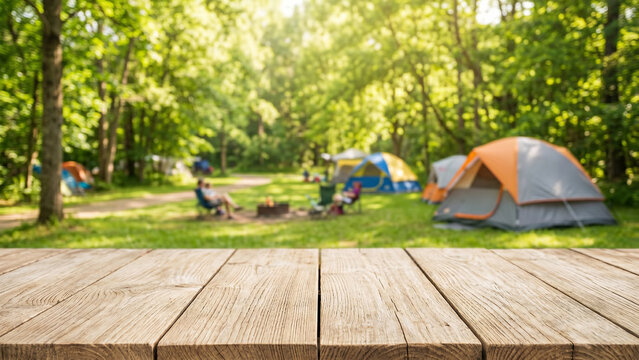 Empty wooden table top with blurred campsite background for product display.