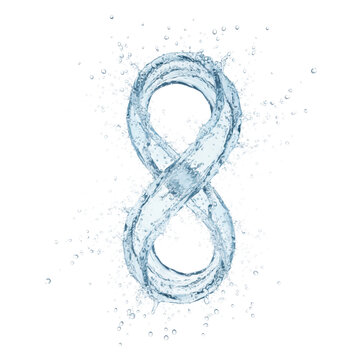 Icy blue water sculpture, infinity loop, frozen mid-air with sharp scattering droplets, on brilliant white background, hard studio flash, commercial advertising concept