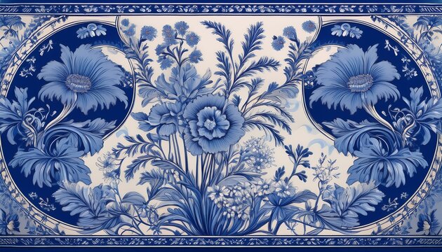 a classic toile de jouy pattern in shades of blue and white depicting pastoral scenes and intricate floral borders