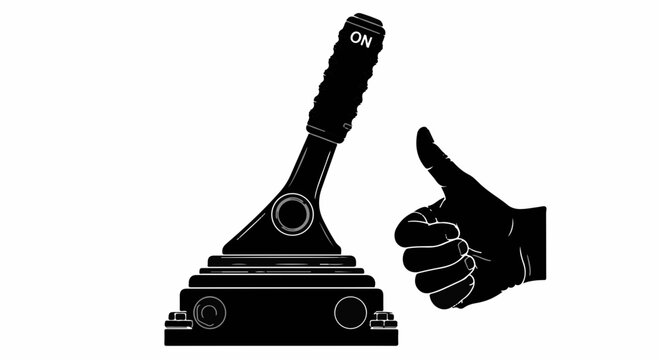 Hand showing thumbs up next to a car gear shift lever with an ON symbol.