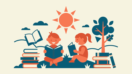 Children reading books outdoors under the sun, illustration