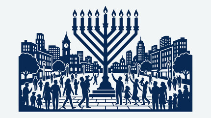 Hanukkah Celebration in City Square with Menorah and People © Abdul