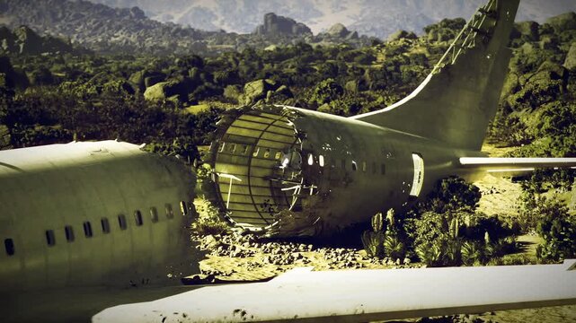 Sunlit abandoned aircraft fuselage in scrub, torn midsection exposing interior, wild vegetation reclaiming corroded metal, distant mountain ridgelines, warm