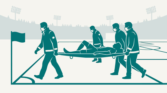 Medical staff carry injured athlete on stretcher at stadium