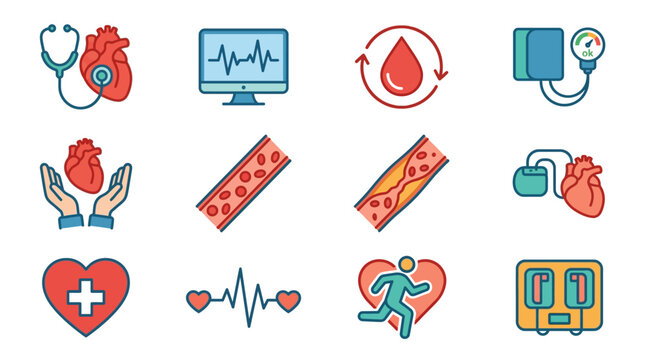 Comprehensive Cardiology and Heart Health Icon Set for Medical Healthcare and Diagnostic Services