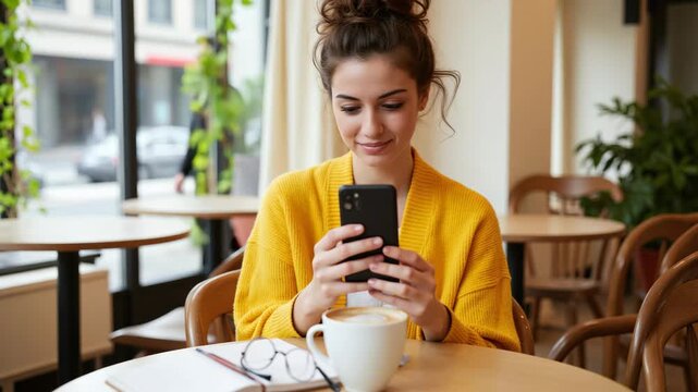 Young woman sits cafe, smiling while texting. She wears yellow cardigan, holds black phone. White mug sits beside her, filled with coffee. Glasses rest on table, near open notebook