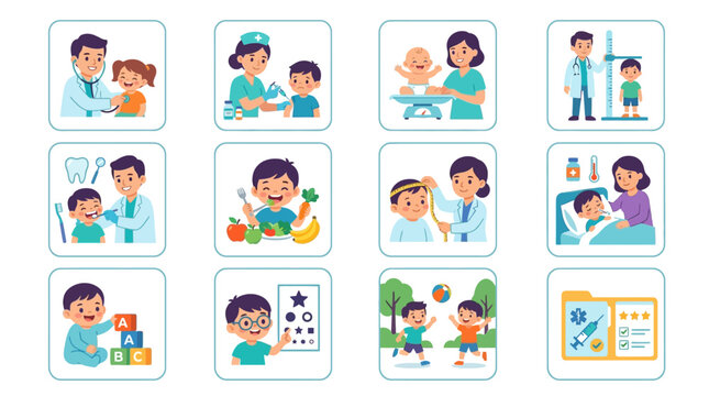 Pediatric Health and Medical Care Icon Set for Children's Wellness and Healthcare Services