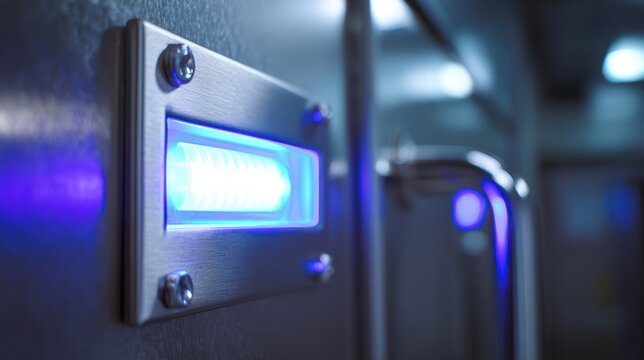 UV light indicator on sterilization cabinet door in cycle focus on glowing light and cabinet texture surrounding hospital environment gently blurred.