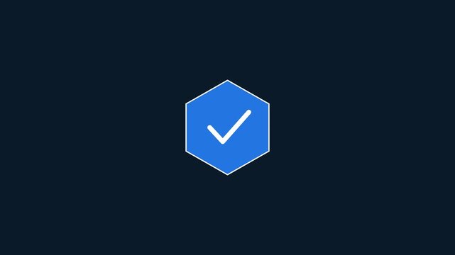 Blue hexagon checkmark animation: verified status for digital interfaces and ui 4k