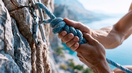Climber secures rope with gear while ascending rock face during outdoor adventure on a sunny day Generative AI