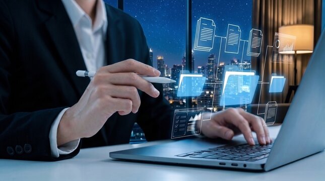 smart file management platform with virtual document network and structured folder access. business technology concept supporting software workflow, project coordination, and digital content organizat