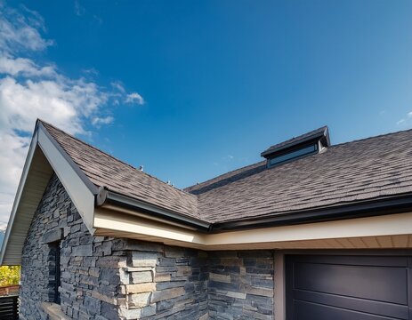 close up of modern residential house roof with dark shingles stone siding and gutters under a blue sky