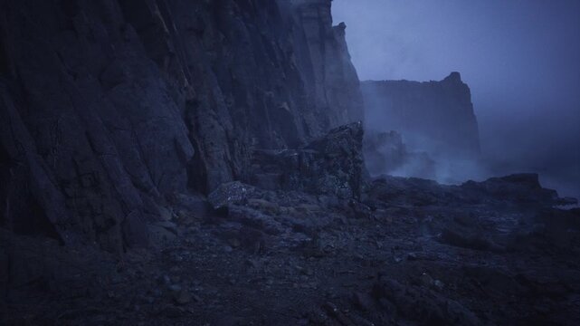 gloomy rocky passage with steep basalt walls, narrow shoreline fading into mist, scattered driftstones and textured rockbeds, moody cinematic coastal study