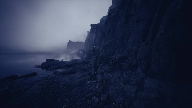misty coastal cliffs at dusk, narrow rocky gorge disappearing into haze, wet stones glistening, slowmoving fog and layered rock texture, eerie quiet panorama