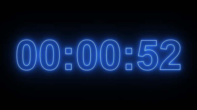 Glowing neon 1 minute countdown animation from 60 seconds to 0 seconds. 1 minute countdown timer on a black background. 4k video Digital Countdown timer one minute animation