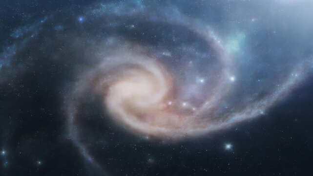 銀河の中心核から青白い腕が螺旋状に広がり星雲と恒星が壮大な渦を作る