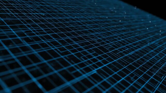 Glowing blue gridlines over a dark, softly blurred background with light glimmers