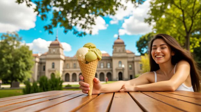 A young woman is smiling broadly as she poses with a colorful ice cream cone during a sunny day at the park.