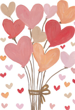 Bouquet of Heart-Shaped Balloons Hand-Painted Illustration