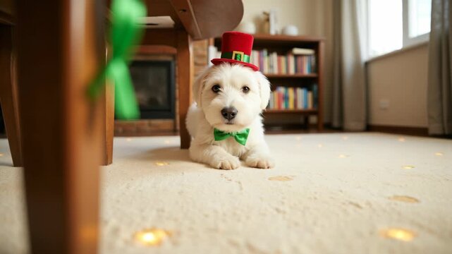 A small white dog wearing a red and green top hat sits on a plush carpet, ready for the annual celebration of St. Patrick's Day. The festive spirit is palpable in this charming snapshot.
